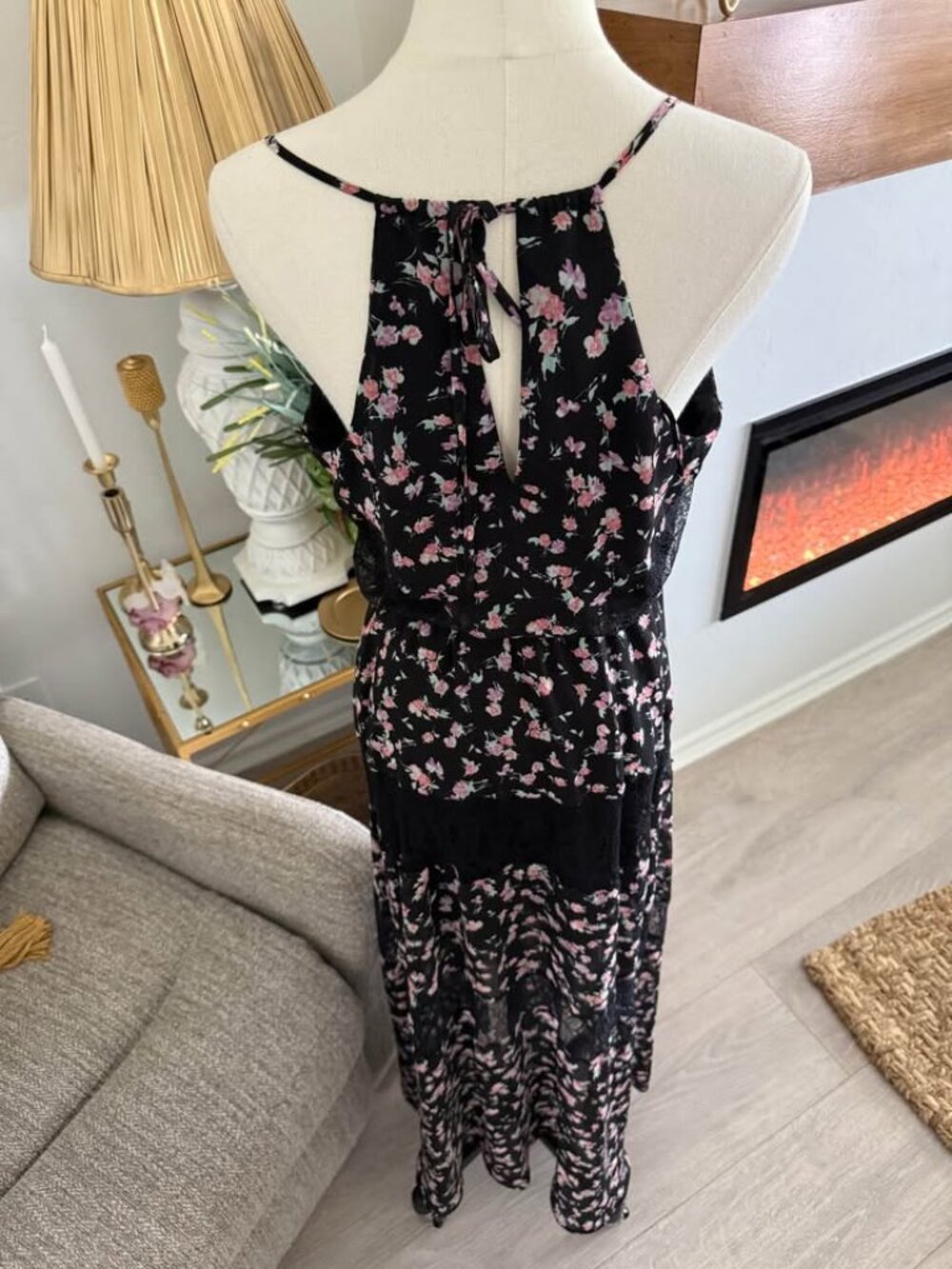 Black Floral Maxi Dress Women Small Boho Lace Layered Spaghetti Straps Size L - Picture 6 of 14